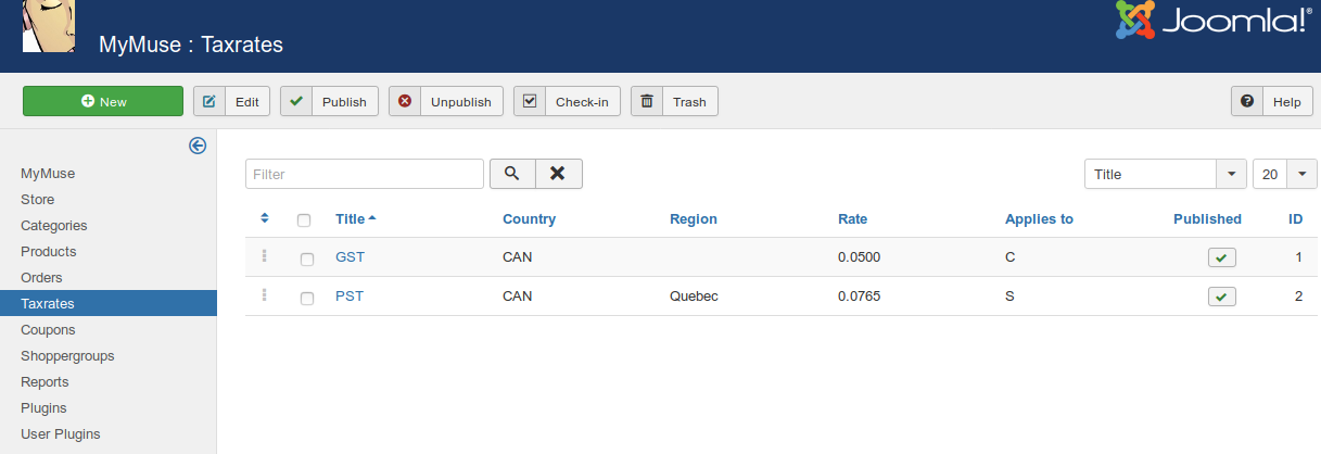 MyMuse Taxrates   List   Administration