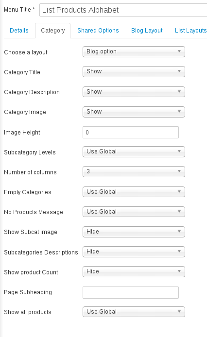 category product alphabet options